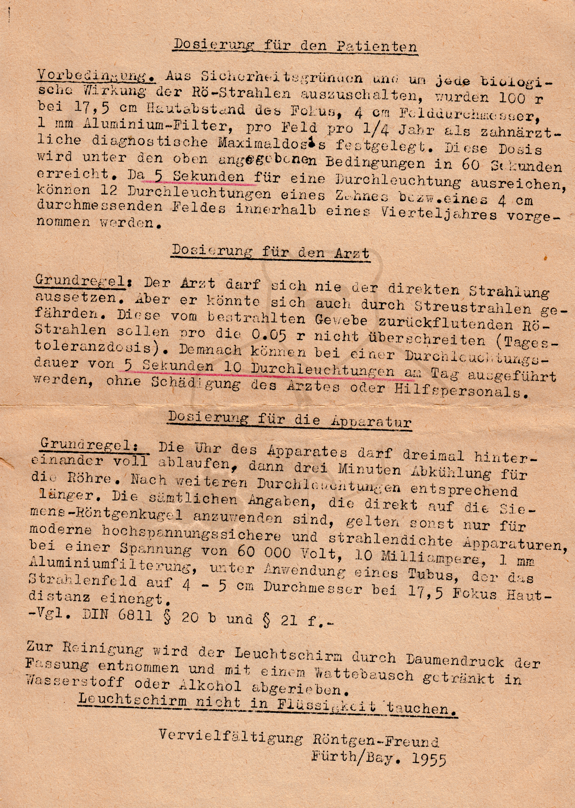 Röntgenspiegel "Röntgen-Freund", Hinweisse für den Arzt